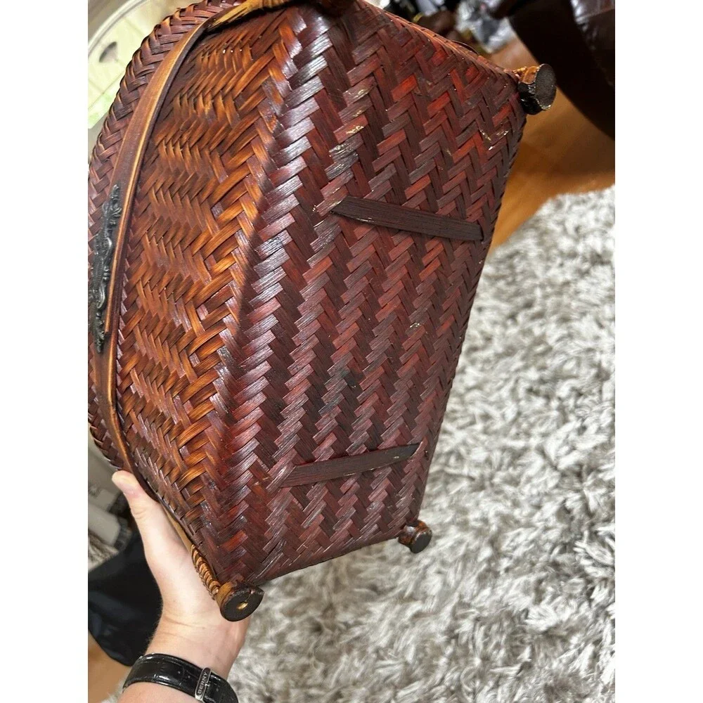 Vintage Dark Brown Wood Handled Woven Oval Storage Basket